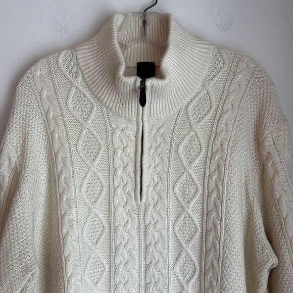 Saks Fifth Avenue Women Ivory quarter Zip Up Cable Knit wool blend Sweater XL - Picture 2 of 9